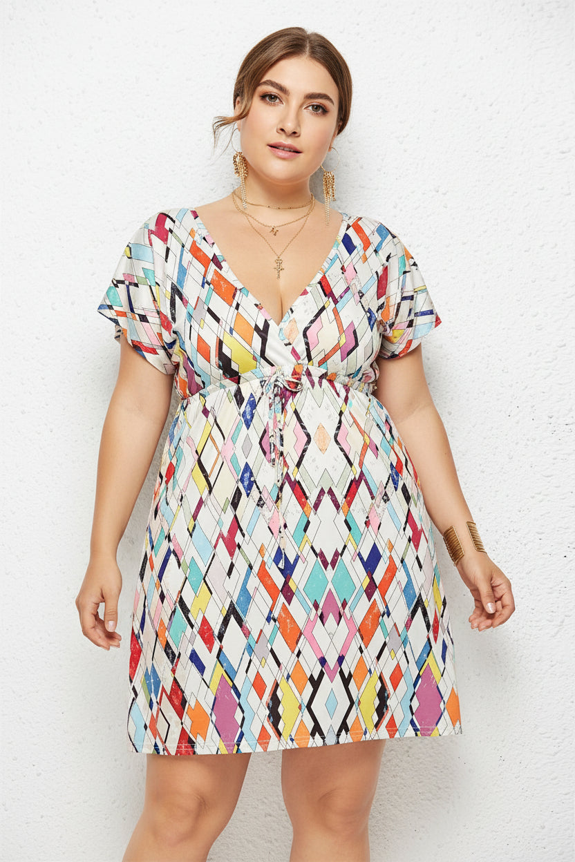 Printed Deep V-Neck Dress with Elastic Waist