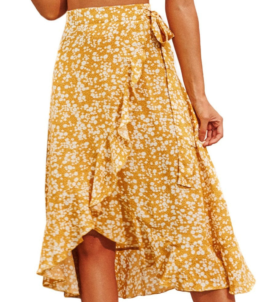 Retro Floral Wave Lace-Up Skirt