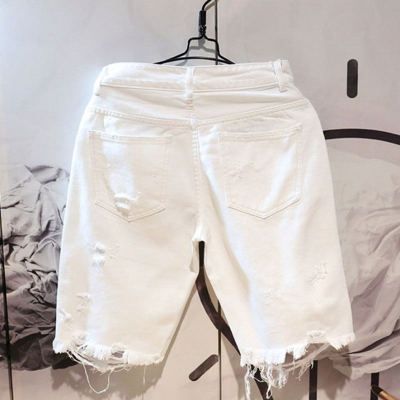 Men's Casual White Ripped Denim Shorts
