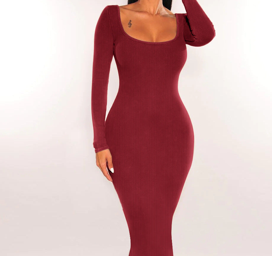 Slim Fit Square Collar Long-Sleeve Knitted Dress