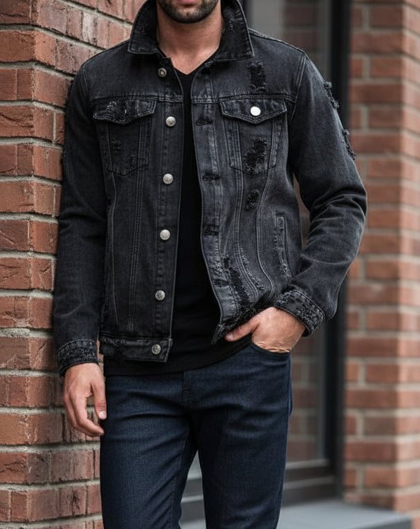 Men's Long-Sleeve Ripped Denim Jacket