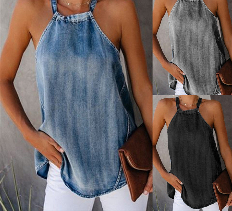 Women's Denim Open-Back Tank Top