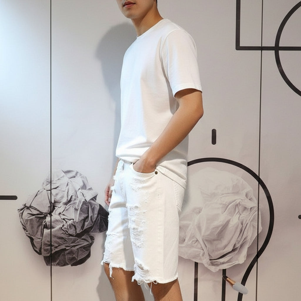 Men's Casual White Ripped Denim Shorts