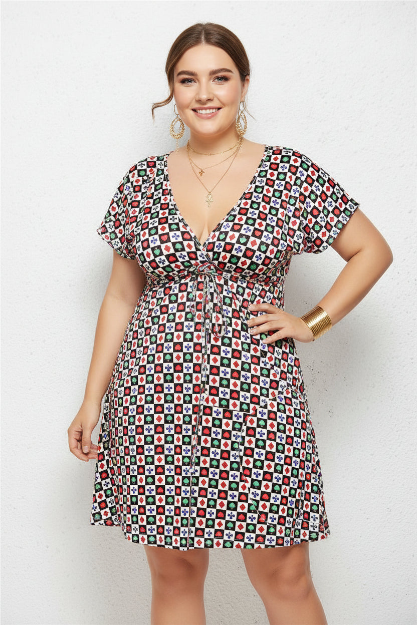 Printed Deep V-Neck Dress with Elastic Waist