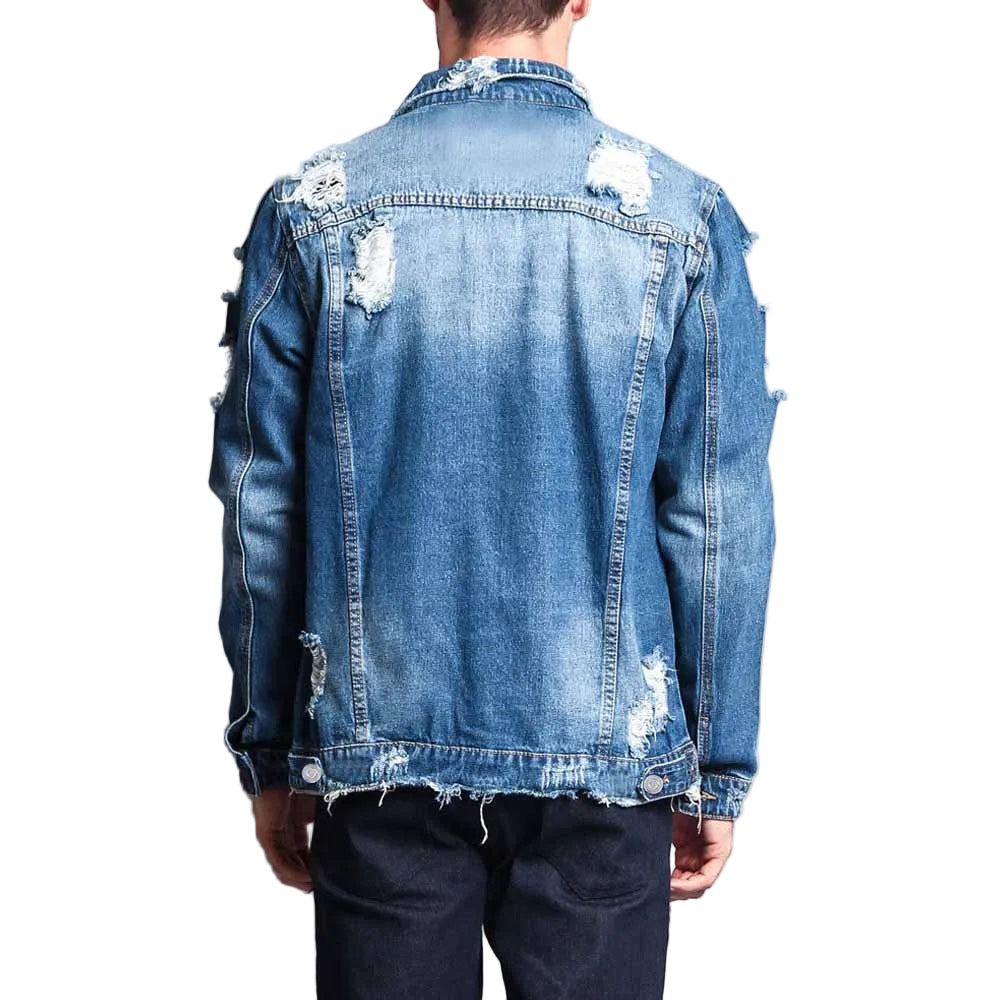 Men's Long-Sleeve Ripped Denim Jacket