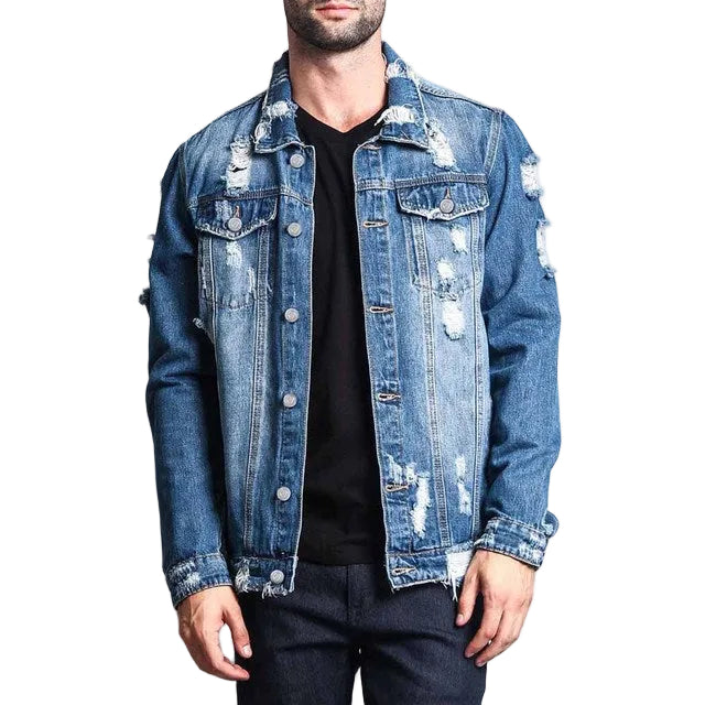 Men's Long-Sleeve Ripped Denim Jacket