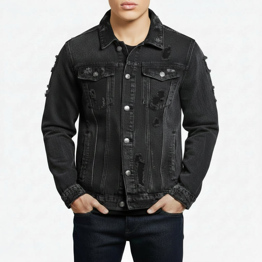Men's Long-Sleeve Ripped Denim Jacket