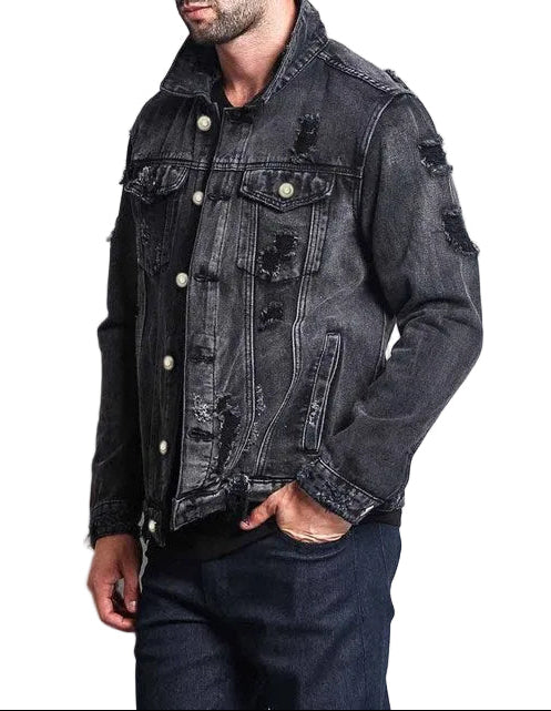 Men's Long-Sleeve Ripped Denim Jacket