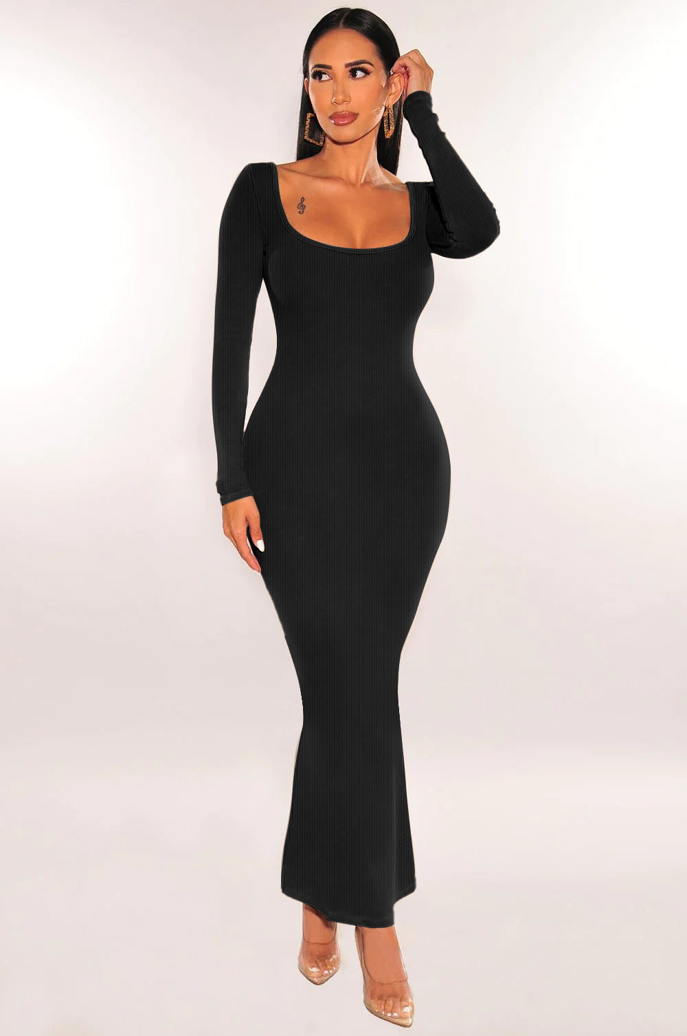 Slim Fit Square Collar Long-Sleeve Knitted Dress