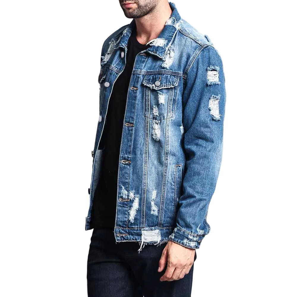 Men's Long-Sleeve Ripped Denim Jacket