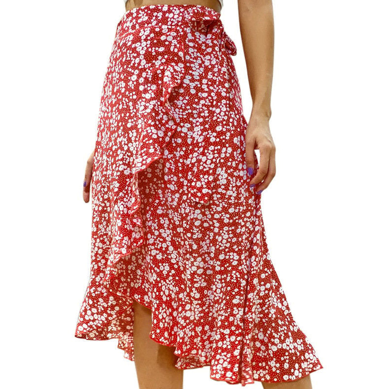 Retro Floral Wave Lace-Up Skirt