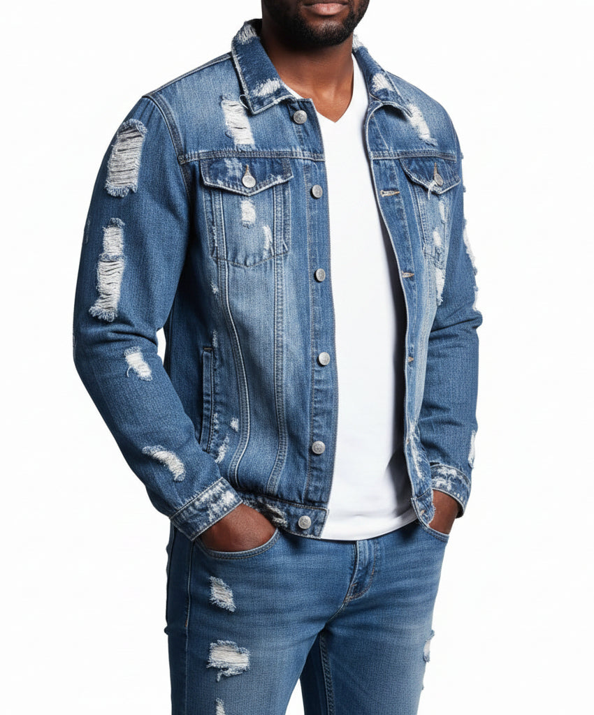 Men's Long-Sleeve Ripped Denim Jacket