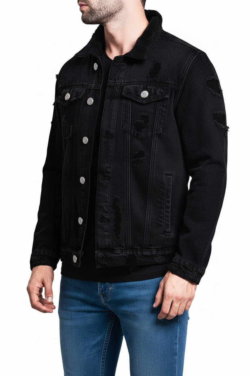 Men's Long-Sleeve Ripped Denim Jacket