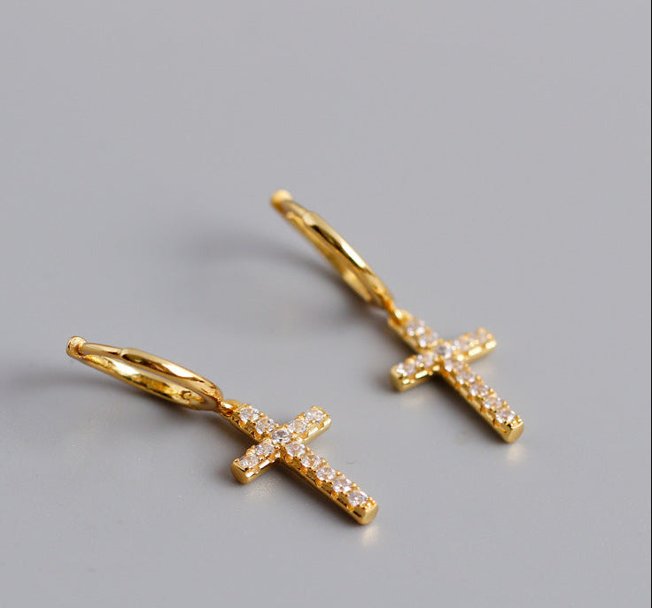 S925 Silver Cross Earrings - Diamonds