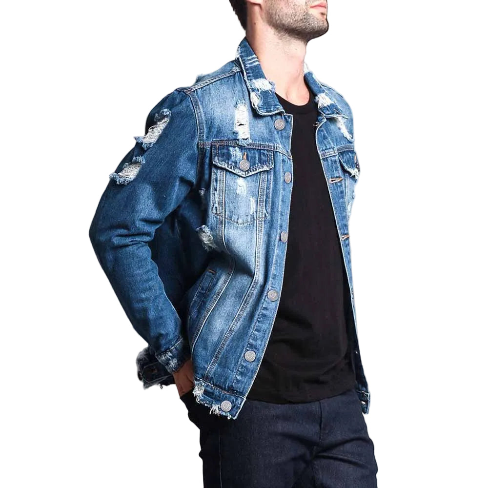 Men's Long-Sleeve Ripped Denim Jacket