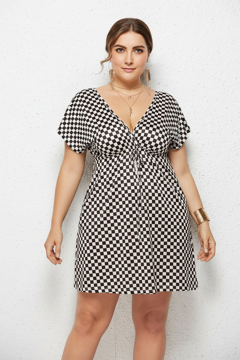 Printed Deep V-Neck Dress with Elastic Waist
