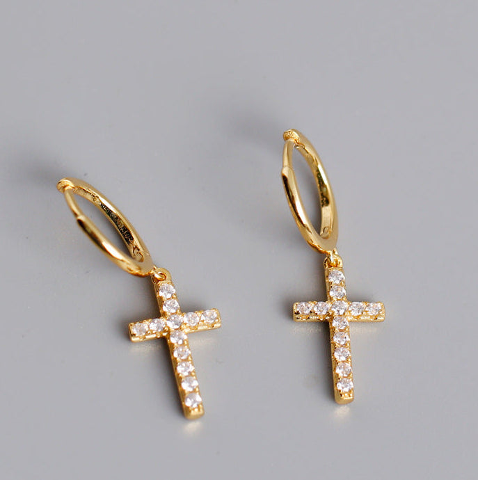 S925 Silver Cross Earrings - Diamonds
