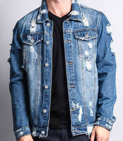 Men's Long-Sleeve Ripped Denim Jacket