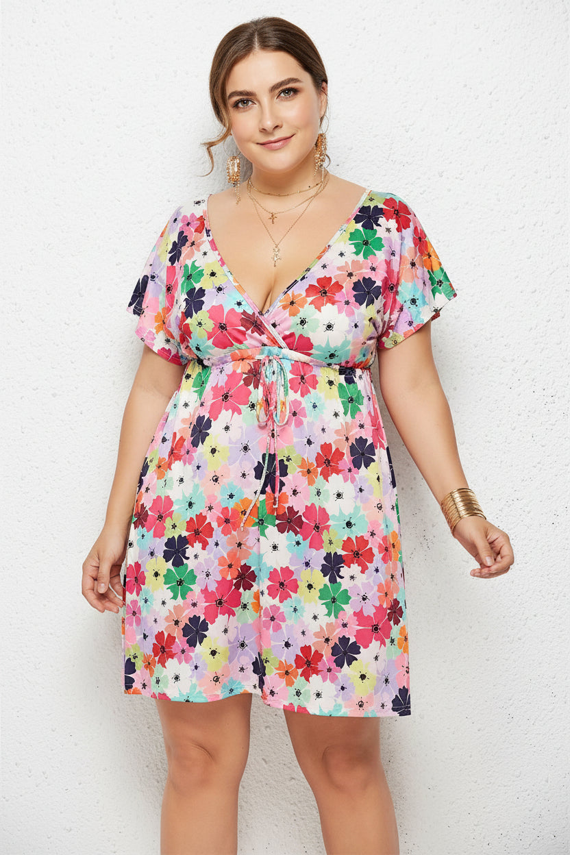 Printed Deep V-Neck Dress with Elastic Waist