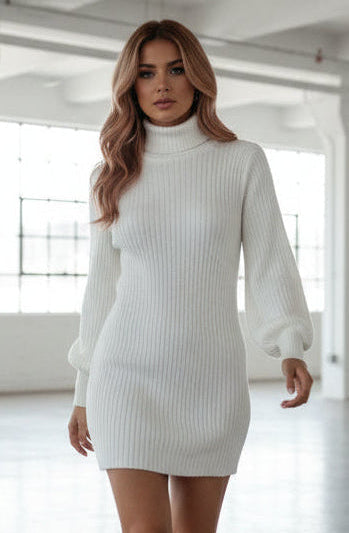 High Collar Slim Fit Long Sleeve Dress