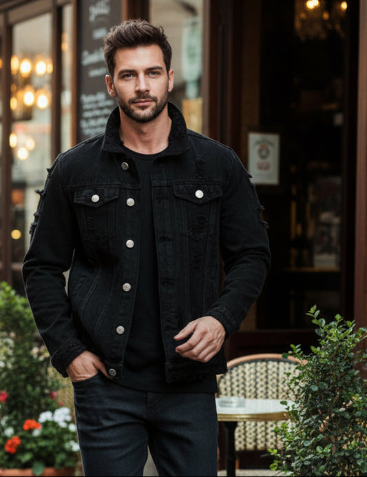 Men's Long-Sleeve Ripped Denim Jacket