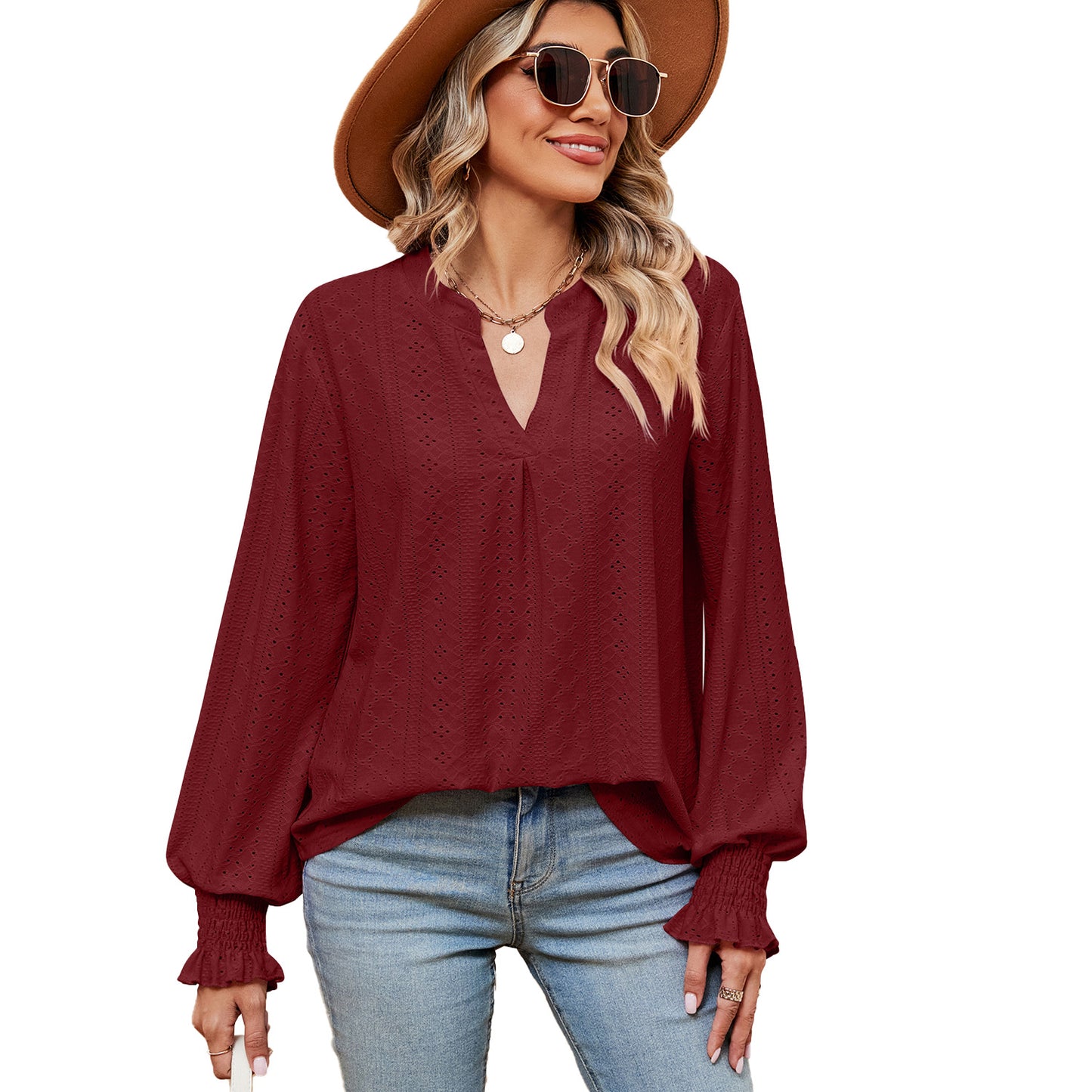 Women's Loose V-Neck Long-Sleeve