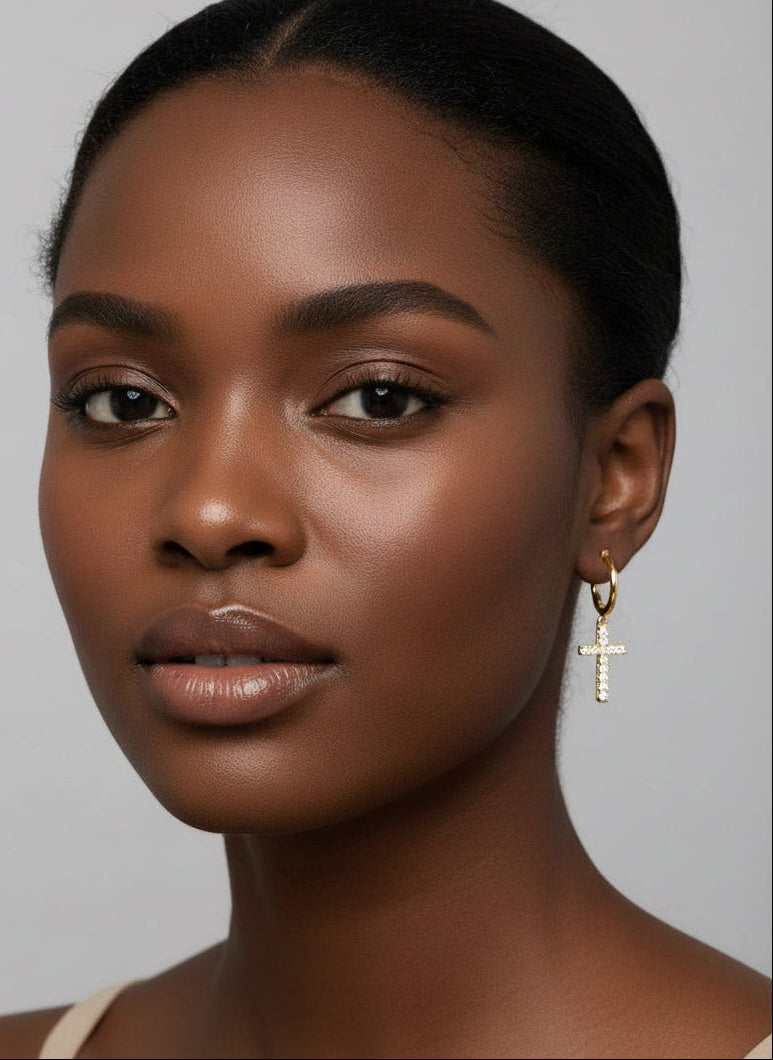 S925 Silver Cross Earrings - Diamonds