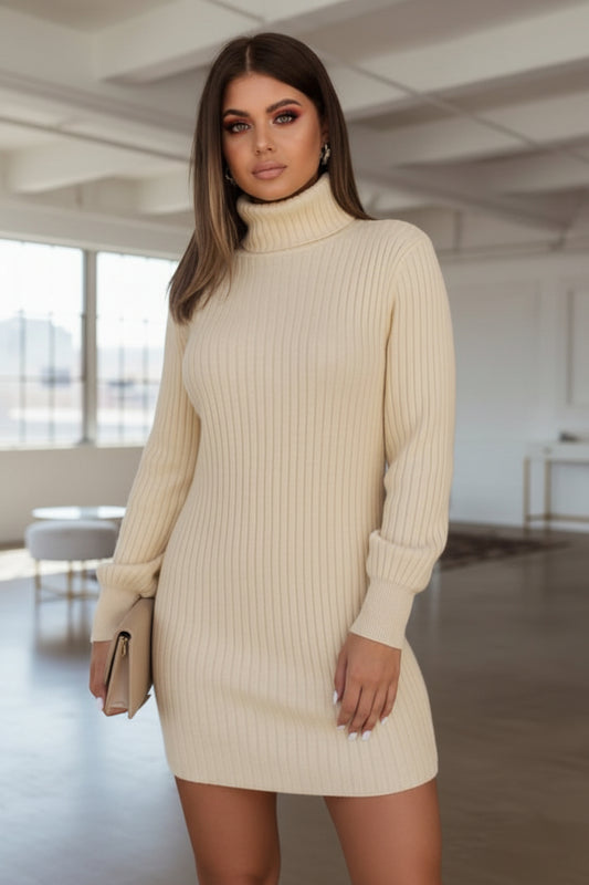 High Collar Slim Fit Long Sleeve Dress