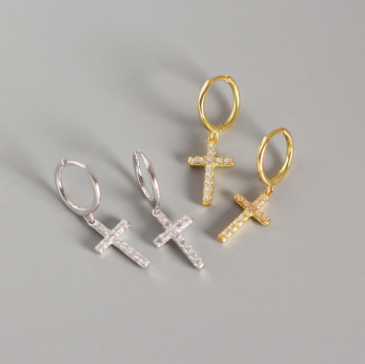 S925 Silver Cross Earrings - Diamonds