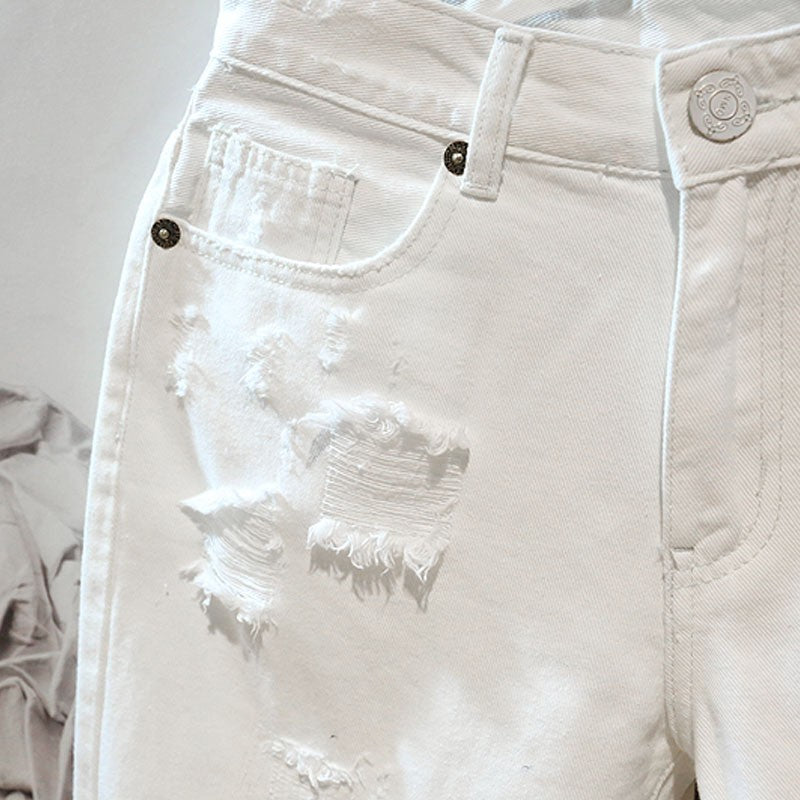 Men's Casual White Ripped Denim Shorts