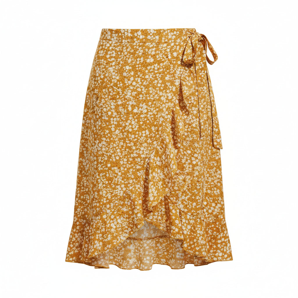 Retro Floral Wave Lace-Up Skirt