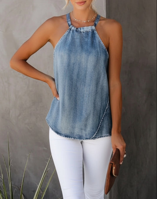 Women's Denim Open-Back Tank Top