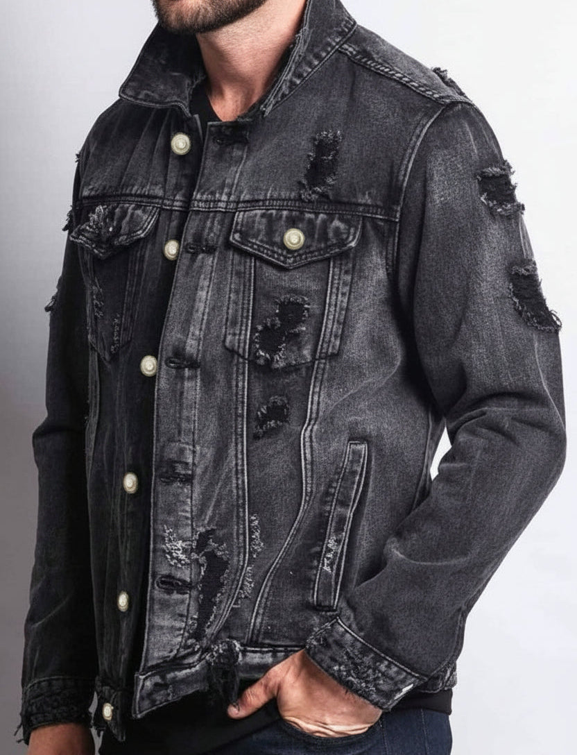 Men's Long-Sleeve Ripped Denim Jacket
