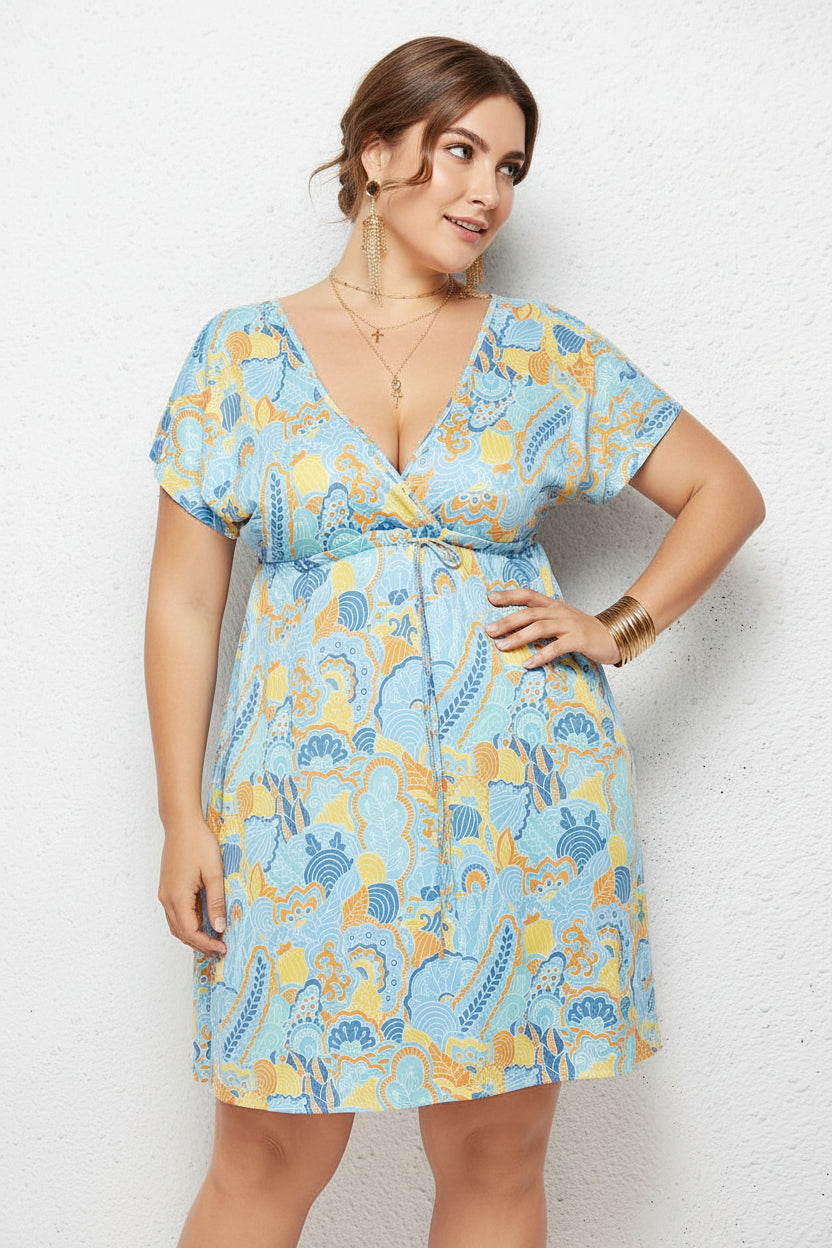 Printed Deep V-Neck Dress with Elastic Waist