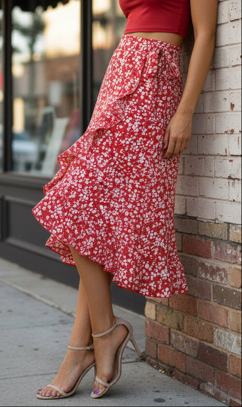Retro Floral Wave Lace-Up Skirt