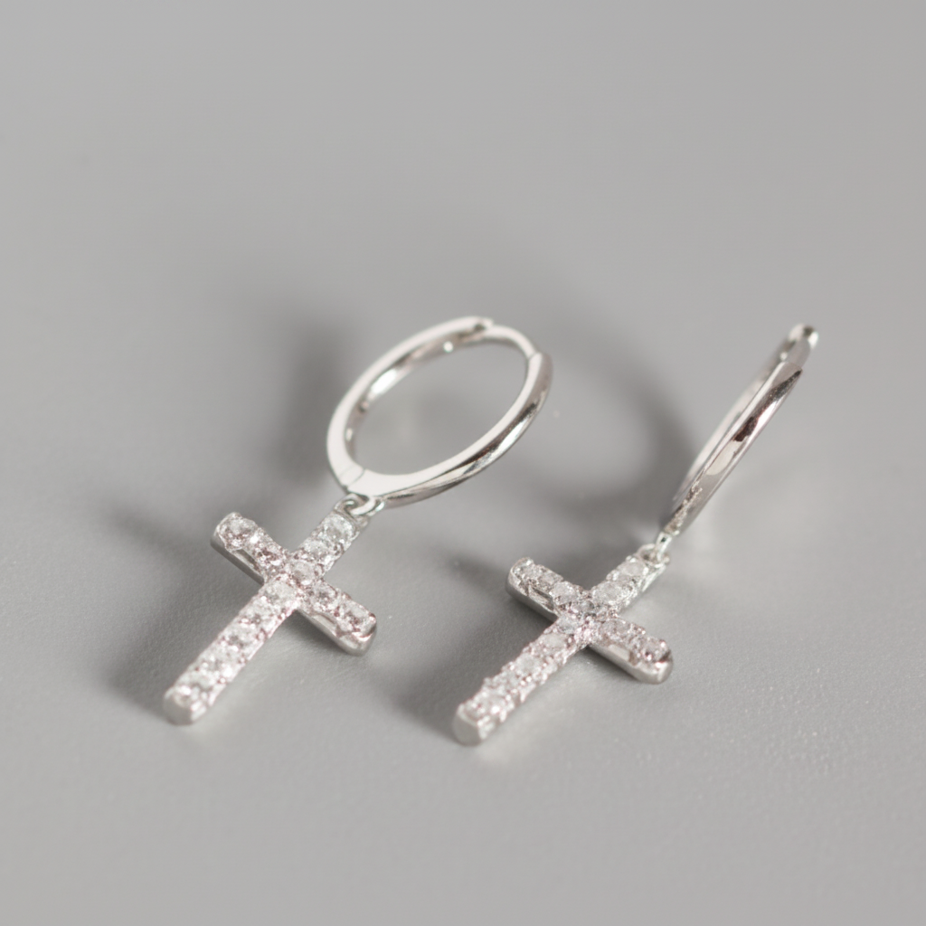 S925 Silver Cross Earrings - Diamonds