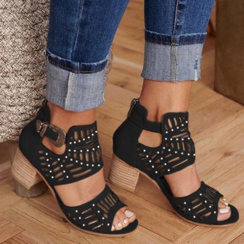 Hollow Carved Thick Heel Ladies Sandals