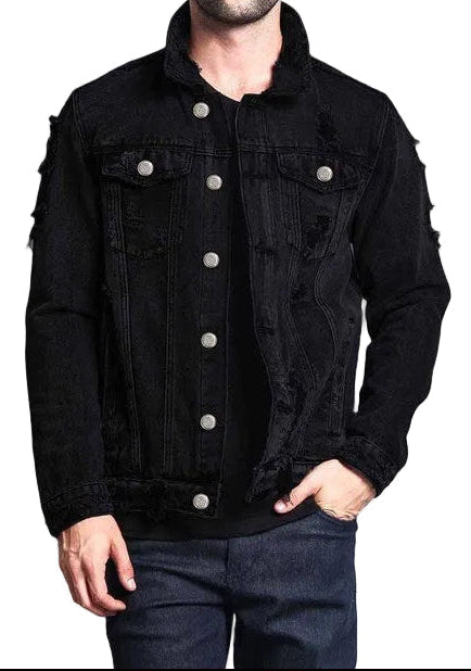 Men's Long-Sleeve Ripped Denim Jacket