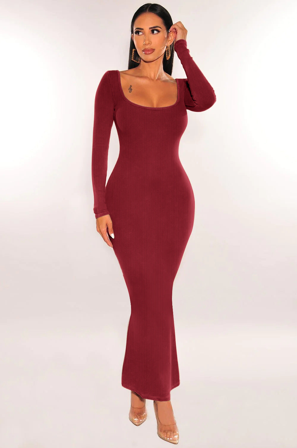 Slim Fit Square Collar Long-Sleeve Knitted Dress