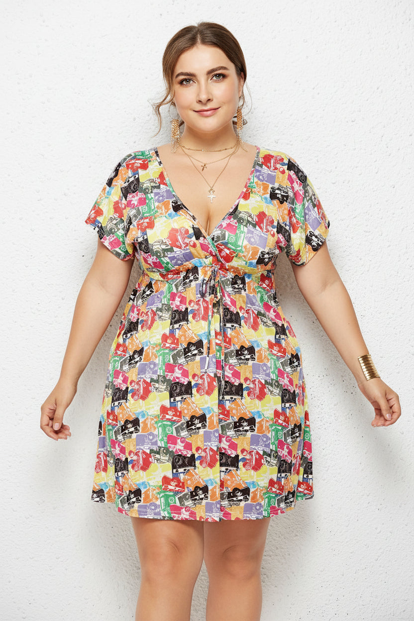 Printed Deep V-Neck Dress with Elastic Waist