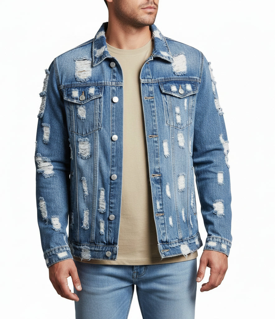 Men's Long-Sleeve Ripped Denim Jacket