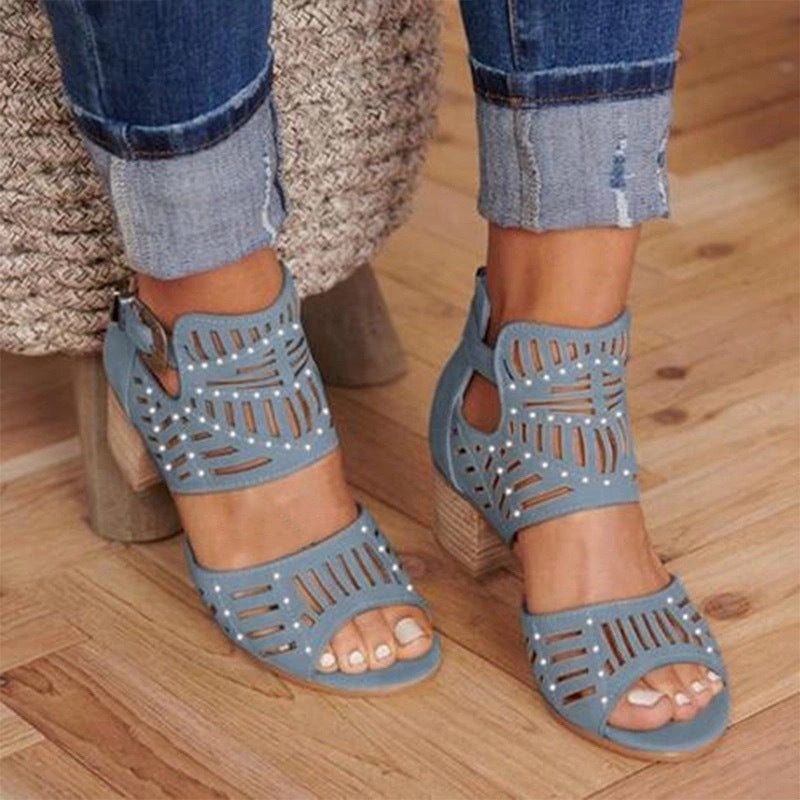 Hollow Carved Thick Heel Ladies Sandals