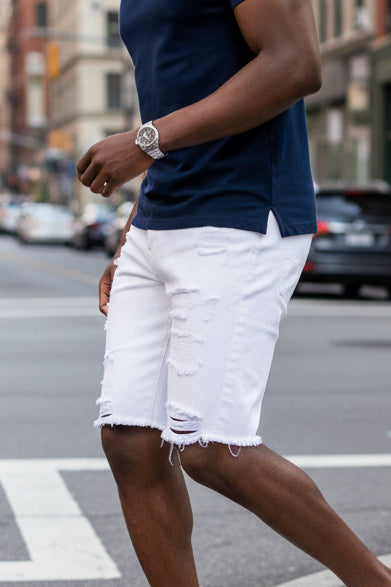 Men's Casual White Ripped Denim Shorts