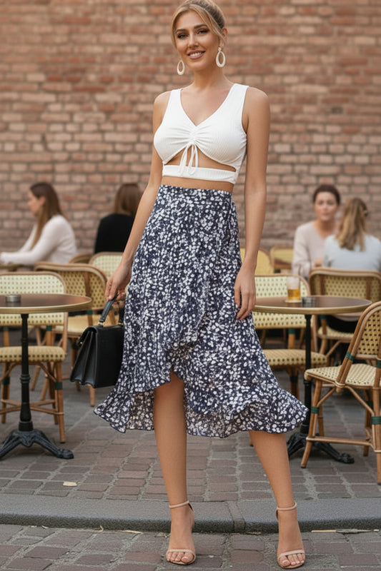 Retro Floral Wave Lace-Up Skirt