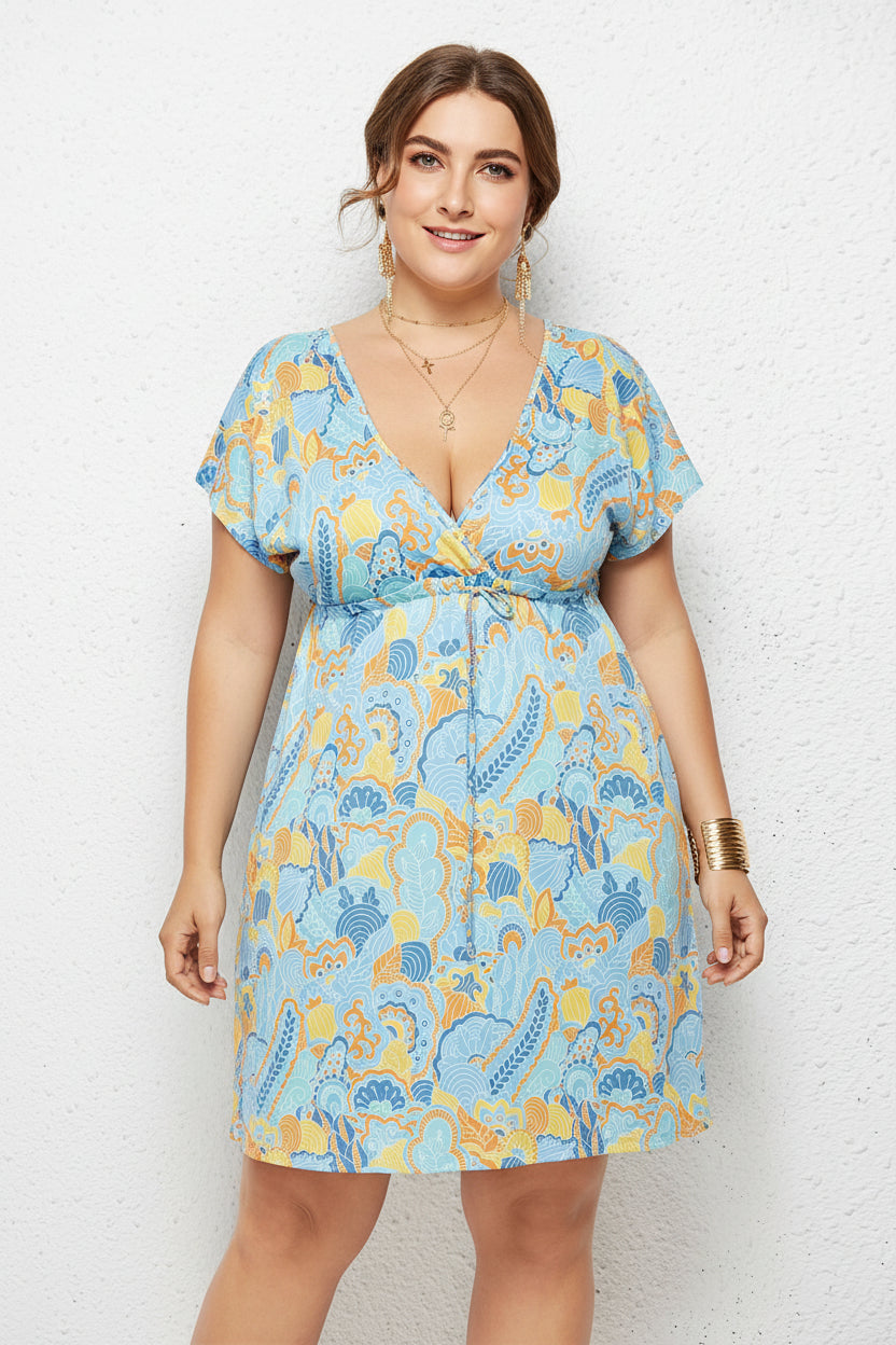 Printed Deep V-Neck Dress with Elastic Waist