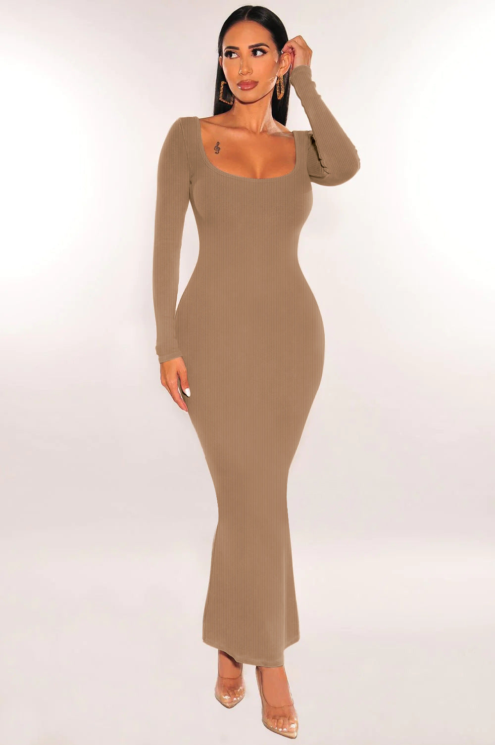 Slim Fit Square Collar Long-Sleeve Knitted Dress