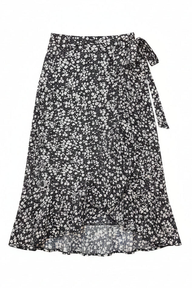 Retro Floral Wave Lace-Up Skirt