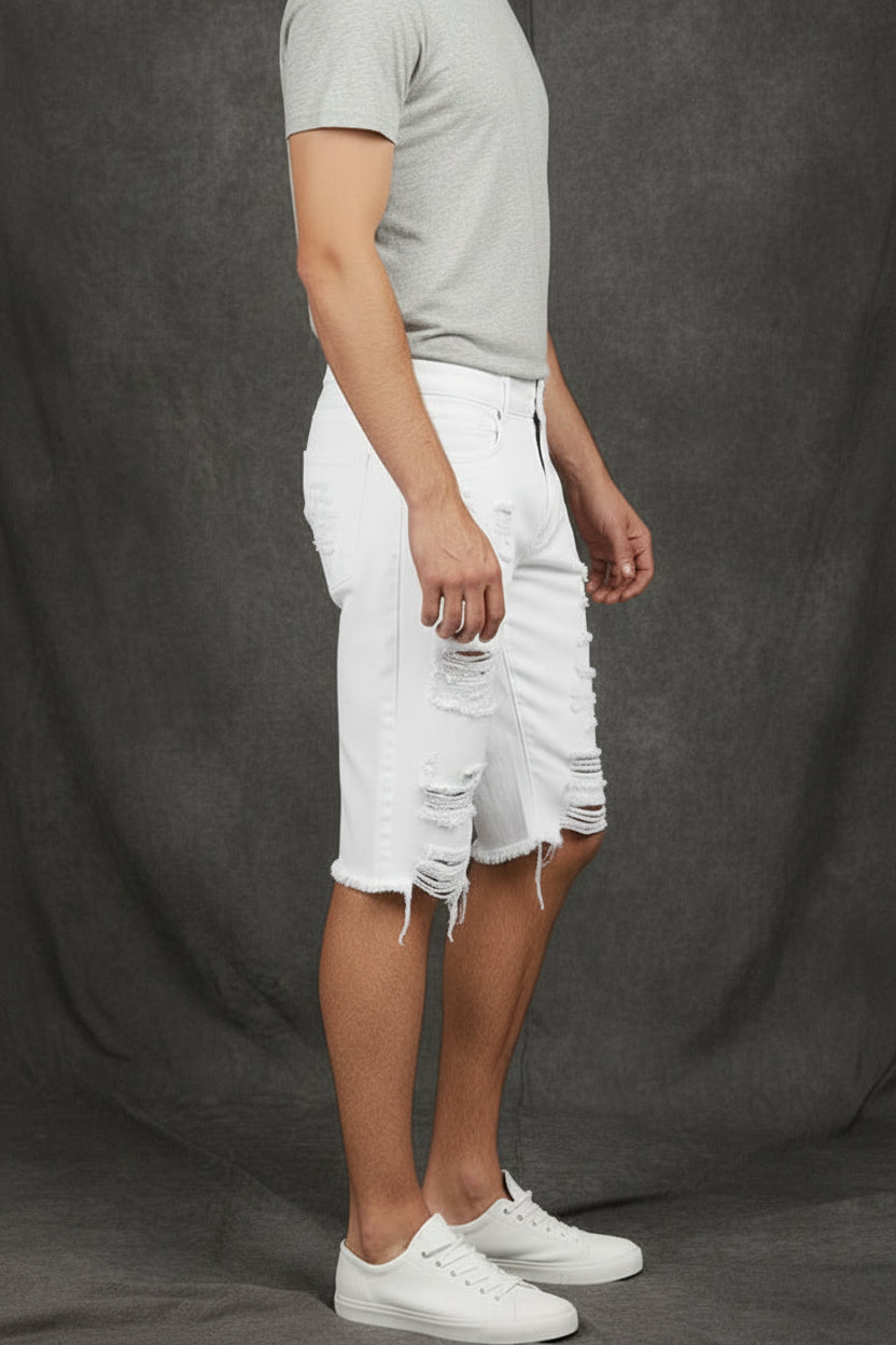 Men's Casual White Ripped Denim Shorts