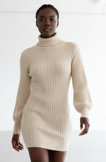 High Collar Slim Fit Long Sleeve Dress