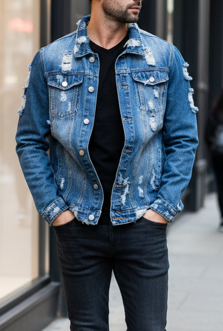 Men's Long-Sleeve Ripped Denim Jacket